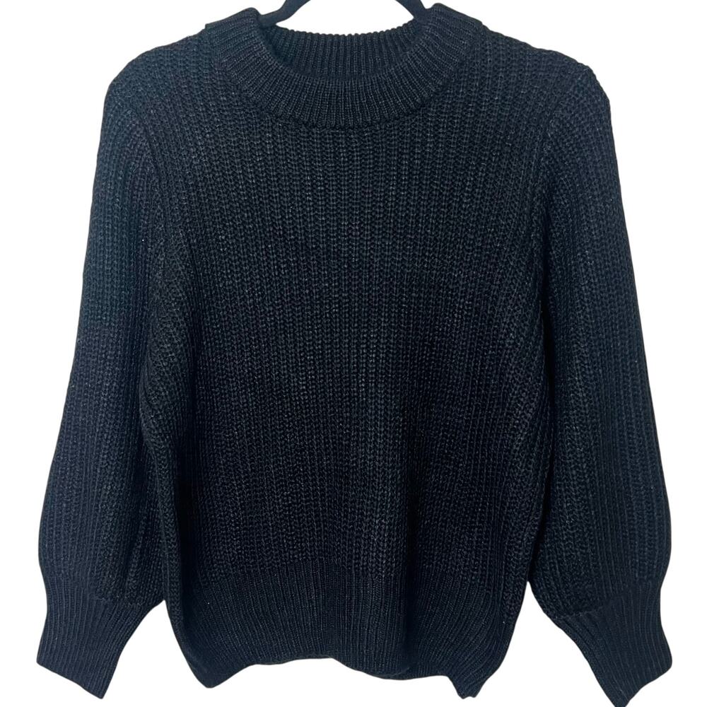 NWT LBLC The Label Dee Chunky Knit Crewneck Sweater 3/4 Balloon Sleeves Black